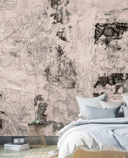 murale floreale astratto rosa e grigio personalizzabile chiamato Peony Whisper Harmony di Giulio Iurissevich per camere da letto