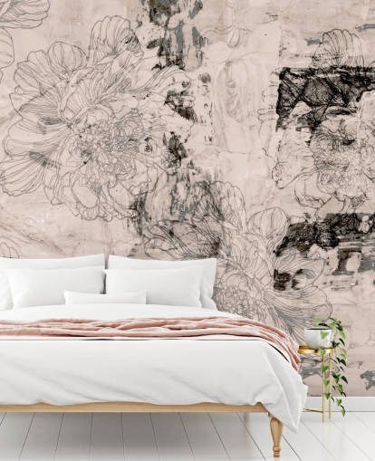 peinture murale florale abstraite personnalisable rose et grise appelée Peony Whisper Harmony de Giulio Iurissevich pour les chambres