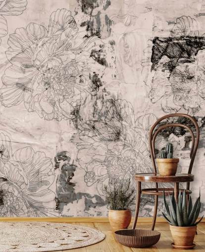peinture murale florale abstraite personnalisable rose et grise appelée Peony Whisper Harmony de Giulio Iurissevich pour les chambres
