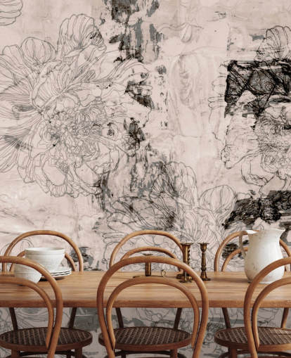 mural floral abstrato personalizável rosa e cinza chamado Peony Whisper Harmony de Giulio Iurissevich para quartos