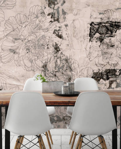 murale floreale astratto rosa e grigio personalizzabile chiamato Peony Whisper Harmony di Giulio Iurissevich per camere da letto