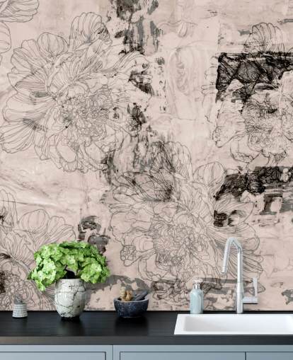 mural floral abstracto personalizable rosa y gris llamado Peony Whisper Harmony de Giulio Iurissevich para dormitorios