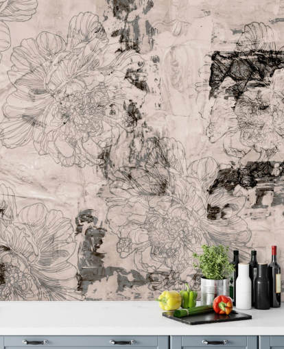 mural floral abstrato personalizável rosa e cinza chamado Peony Whisper Harmony de Giulio Iurissevich para quartos