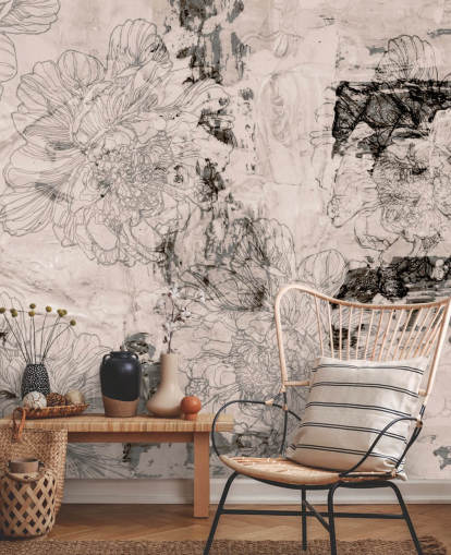 pink and grey customisable abstract floral mural called Peony Whisper Harmony by Giulio Iurissevich for bedrooms
