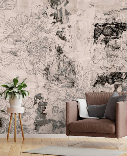 roze en grijze aanpasbare abstracte bloemenmuurschildering genaamd Peony Whisper Harmony van Giulio Iurissevich voor slaapkamers