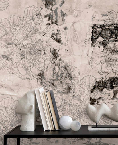 pink and gray customizable abstract floral mural called Peony Whisper Harmony by Giulio Iurissevich for bedrooms