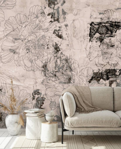 peinture murale florale abstraite personnalisable rose et grise appelée Peony Whisper Harmony de Giulio Iurissevich pour les chambres