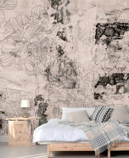 mural floral abstracto personalizable rosa y gris llamado Peony Whisper Harmony de Giulio Iurissevich para dormitorios