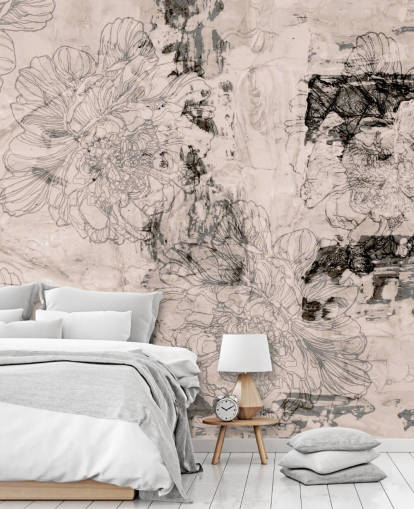mural floral abstrato personalizável rosa e cinza chamado Peony Whisper Harmony de Giulio Iurissevich para quartos