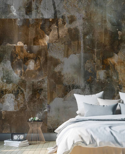 Harmaa ja ruskea mukautettu tunnelmallinen seinämaalaus nimeltä Rustic Abstract Serenity, kirjoittanut Giulio Iurissevich