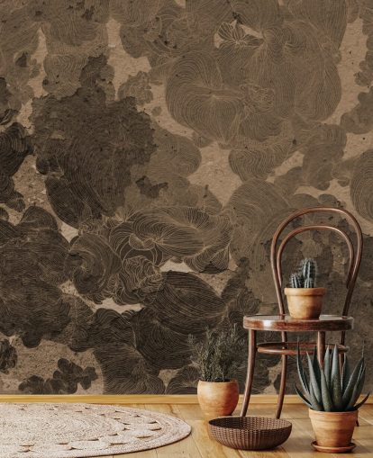 brown abstract mural called Rustic Botanical Dream by Giulio Iurissevich for bedrooms and dining rooms