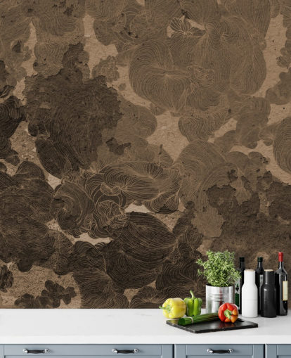 brun abstrakt väggmålning kallad Rustic Botanical Dream av Giulio Iurissevich för sovrum och matsalar