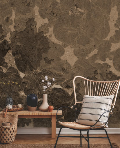 brun abstrakt väggmålning kallad Rustic Botanical Dream av Giulio Iurissevich för sovrum och matsalar