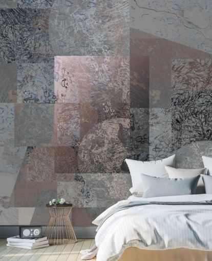 mural abstracto gris, azul y rosa llamado Rustic Elegance Blend de Giulio Iurissevich