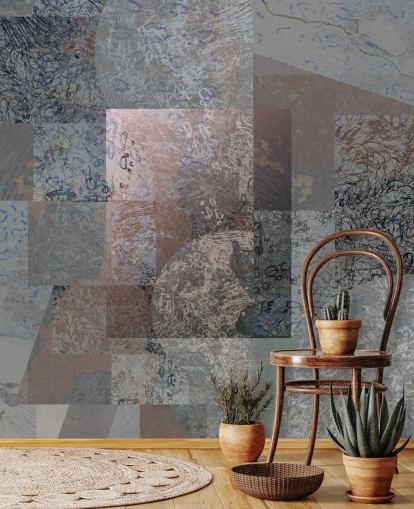 mural abstracto gris, azul y rosa llamado Rustic Elegance Blend de Giulio Iurissevich