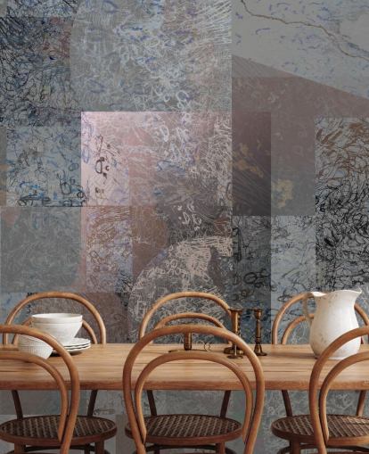 mural abstracto gris, azul y rosa llamado Rustic Elegance Blend de Giulio Iurissevich