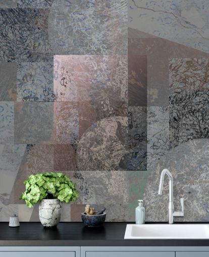 grå, blå og rosa abstrakt veggmaleri kalt Rustic Elegance Blend av Giulio Iurissevich