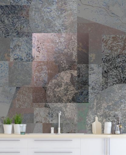 grijze, blauwe en roze abstracte muurschildering genaamd Rustic Elegance Blend van Giulio Iurissevich