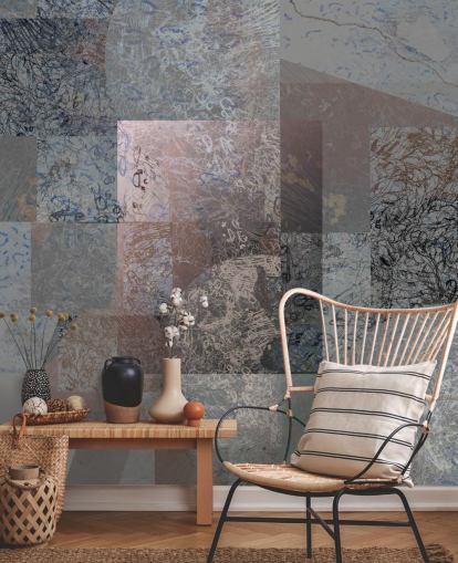 grå, blå og rosa abstrakt veggmaleri kalt Rustic Elegance Blend av Giulio Iurissevich