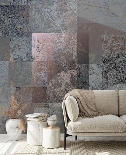 mural abstracto gris, azul y rosa llamado Rustic Elegance Blend de Giulio Iurissevich