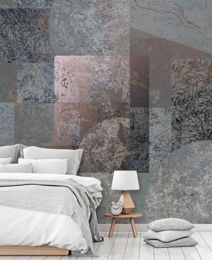murale astratto grigio, blu e rosa chiamato Rustic Elegance Blend di Giulio Iurissevich