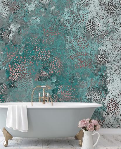 blauwe abstracte muurschildering genaamd Snake Aqua Elegance van Giulio Iurissevich voor badkamers en keukens