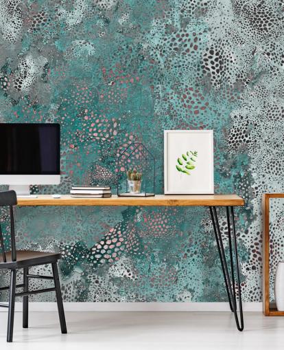 Giulio Iurissevichin sininen abstrakti seinämaalaus nimeltä Snake Aqua Elegance kylpyhuoneisiin ja keittiöihin