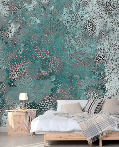 blauwe abstracte muurschildering genaamd Snake Aqua Elegance van Giulio Iurissevich voor badkamers en keukens