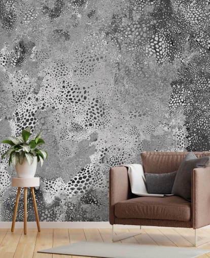grijze aanpasbare abstracte muurschildering genaamd Snake Monochrome Marvel van Giulio Iurissevich voor woonkamers en slaapkamers