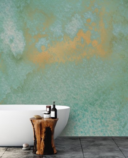 abstraktes Wandbild in Blau und Gold mit dem Titel Dreamy Sea Hues von Bilge Paksoylu für Badezimmer und Küchen