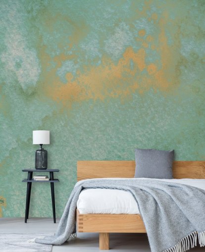 blått og gull abstrakt veggmaleri kalt Dreamy Sea Hues av Bilge Paksoylu for bad og kjøkken