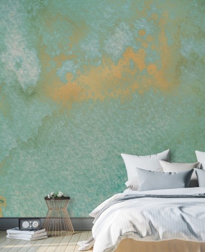 mural abstrato azul e dourado chamado Dreamy Sea Hues de Bilge Paksoylu para banheiros e cozinhas