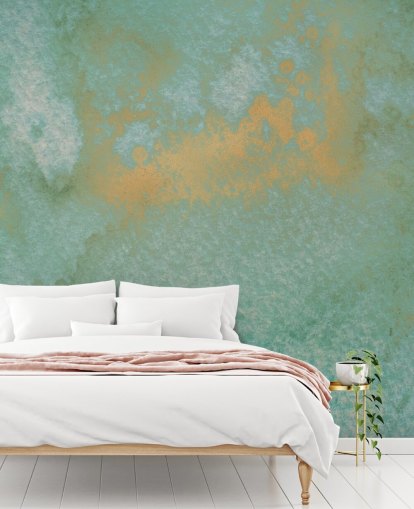 blå och guld abstrakt väggmålning kallad Dreamy Sea Hues av Bilge Paksoylu för badrum och kök blå och guld abstrakt väggmålning kallad Dreamy Sea Hues av Bilge Paksoylu för badrum och kök