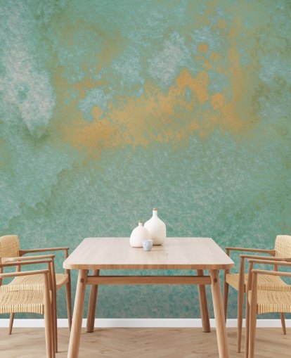 blue and gold abstract mural called Dreamy Sea Hues by Bilge Paksoylu for bathrooms and kitchens