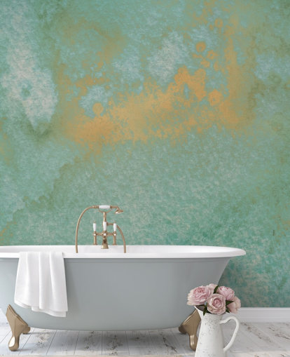 mural abstracto azul y dorado llamado Dreamy Sea Hues de Bilge Paksoylu para baños y cocinas