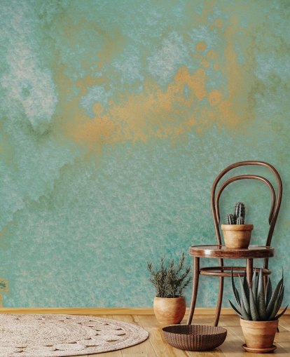 Bilge Paksoylun sininen ja kultainen abstrakti seinämaalaus nimeltä Dreamy Sea Hues kylpyhuoneisiin ja keittiöihin