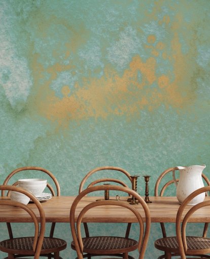 blauwe en gouden abstracte muurschildering genaamd Dreamy Sea Hues van Bilge Paksoylu voor badkamers en keukens