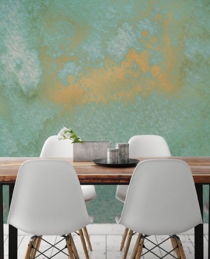 blue and gold abstract mural called Dreamy Sea Hues by Bilge Paksoylu for bathrooms and kitchens