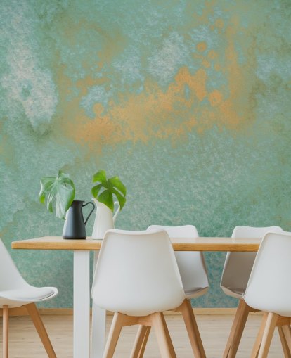 mural abstracto azul y dorado llamado Dreamy Sea Hues de Bilge Paksoylu para baños y cocinas