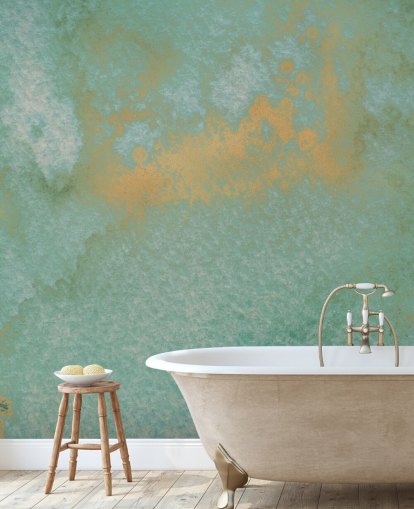 mural abstracto azul y dorado llamado Dreamy Sea Hues de Bilge Paksoylu para baños y cocinas