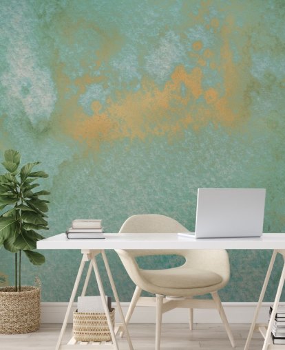 blå och guld abstrakt väggmålning kallad Dreamy Sea Hues av Bilge Paksoylu för badrum och kök