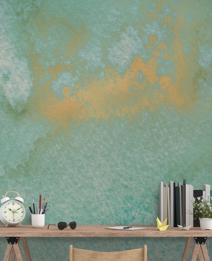 mural abstracto azul y dorado llamado Dreamy Sea Hues de Bilge Paksoylu para baños y cocinas