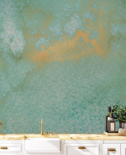 mural abstrato azul e dourado chamado Dreamy Sea Hues de Bilge Paksoylu para banheiros e cozinhas mural abstrato azul e dourado chamado Dreamy Sea Hues de Bilge Paksoylu para banheiros e cozinhas