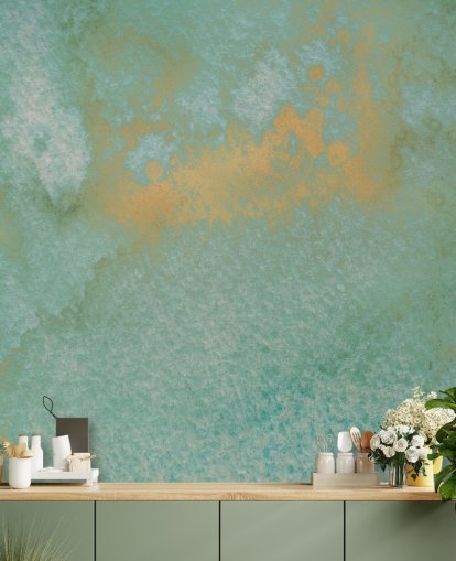 blue and gold abstract mural called Dreamy Sea Hues by Bilge Paksoylu for bathrooms and kitchens blue and gold abstract mural called Dreamy Sea Hues by Bilge Paksoylu for bathrooms and kitchens