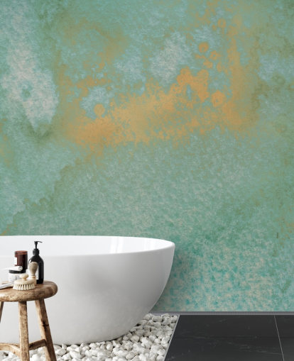 abstraktes Wandbild in Blau und Gold mit dem Titel Dreamy Sea Hues von Bilge Paksoylu für Badezimmer und Küchen