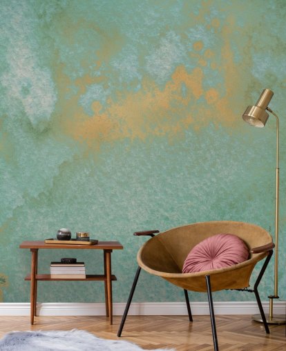 Bilge Paksoylun sininen ja kultainen abstrakti seinämaalaus nimeltä Dreamy Sea Hues kylpyhuoneisiin ja keittiöihin Bilge Paksoylun sininen ja kultainen abstrakti seinämaalaus nimeltä Dreamy Sea Hues kylpyhuoneisiin ja keittiöihin