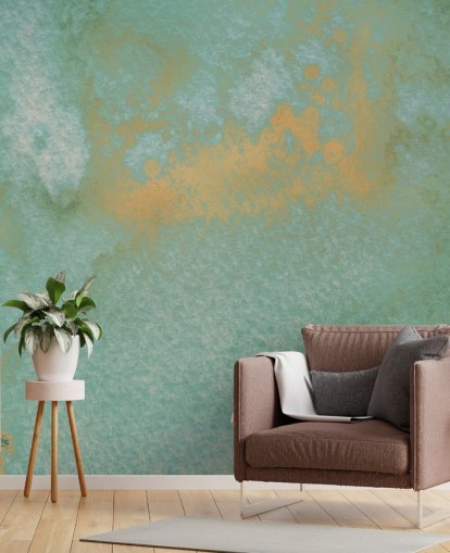 blauwe en gouden abstracte muurschildering genaamd Dreamy Sea Hues van Bilge Paksoylu voor badkamers en keukens blauwe en gouden abstracte muurschildering genaamd Dreamy Sea Hues van Bilge Paksoylu voor badkamers en keukens