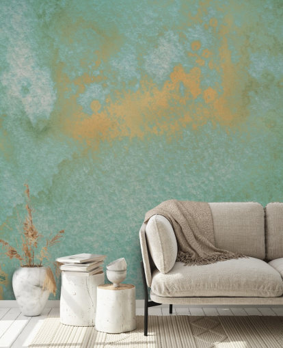murale astratto blu e oro chiamato Dreamy Sea Hues di Bilge Paksoylu per bagni e cucine