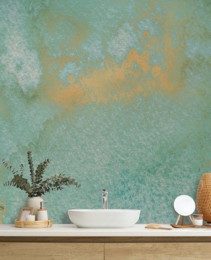 blue and gold abstract mural called Dreamy Sea Hues by Bilge Paksoylu for bathrooms and kitchens