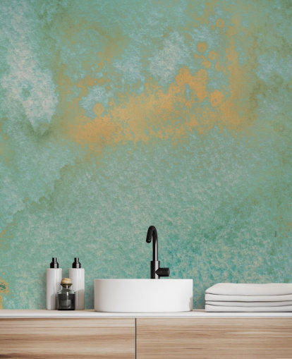 mural abstrato azul e dourado chamado Dreamy Sea Hues de Bilge Paksoylu para banheiros e cozinhas